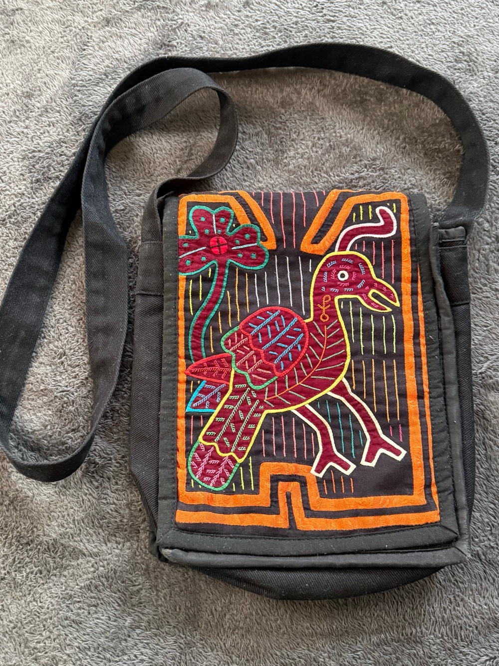 Black MOLA Bag. Embroidered Bird Crossbody Bag - Bohemian Accent